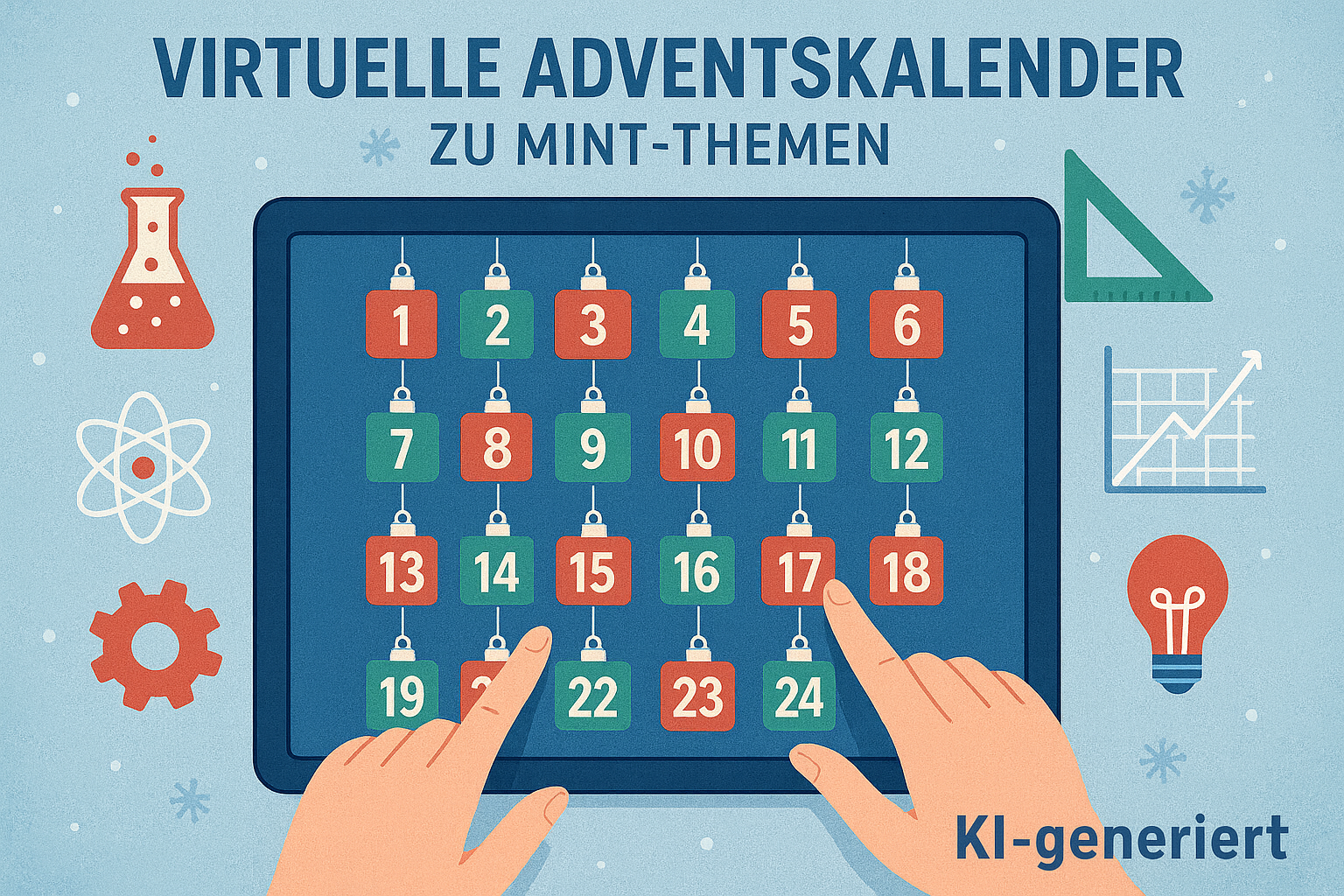 Adventskalender mit 24 Päckchen, umgeben von Symbolen aus Technik und Naturwissenschaften wie etwa einem Zahnrad und einem Erlenmeyerkolben